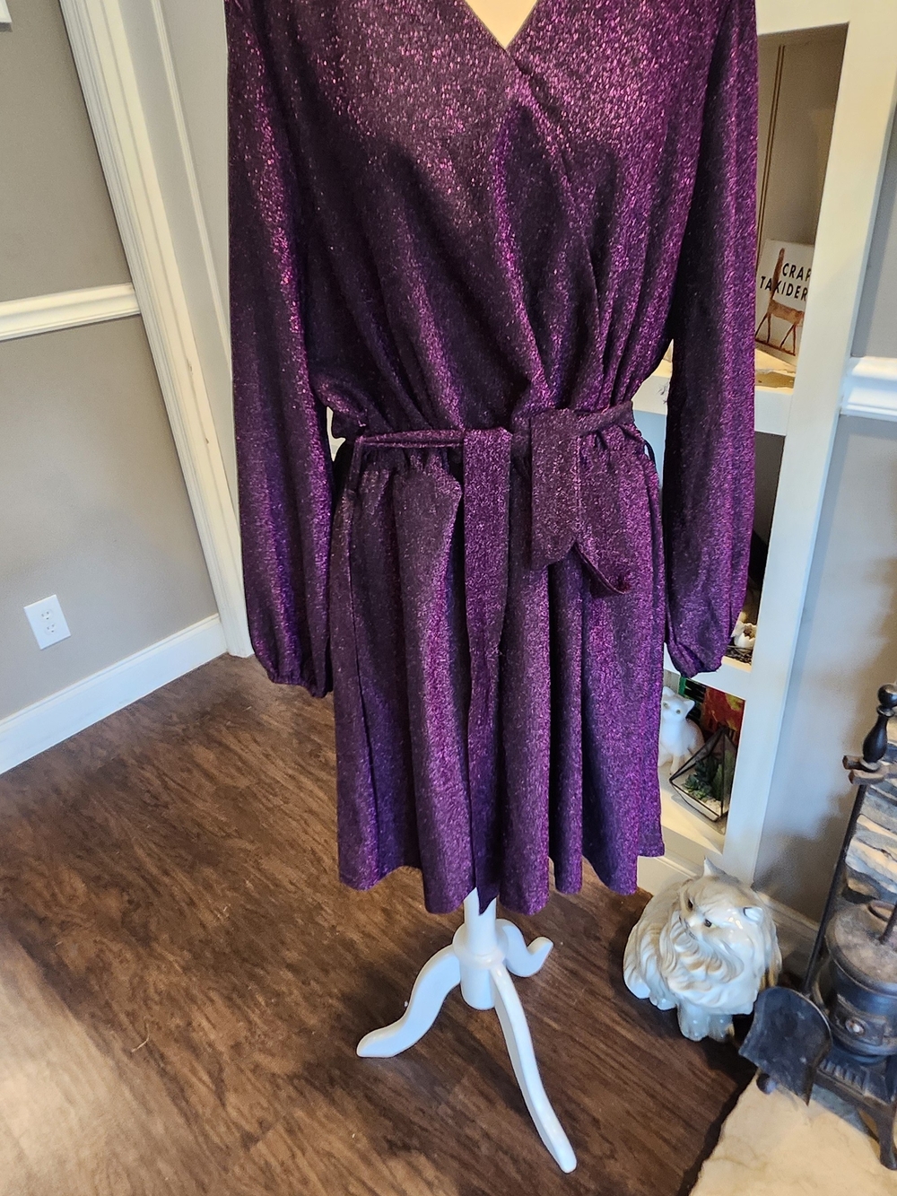 Shimmery Pink/Black Wrap Dress with Belt